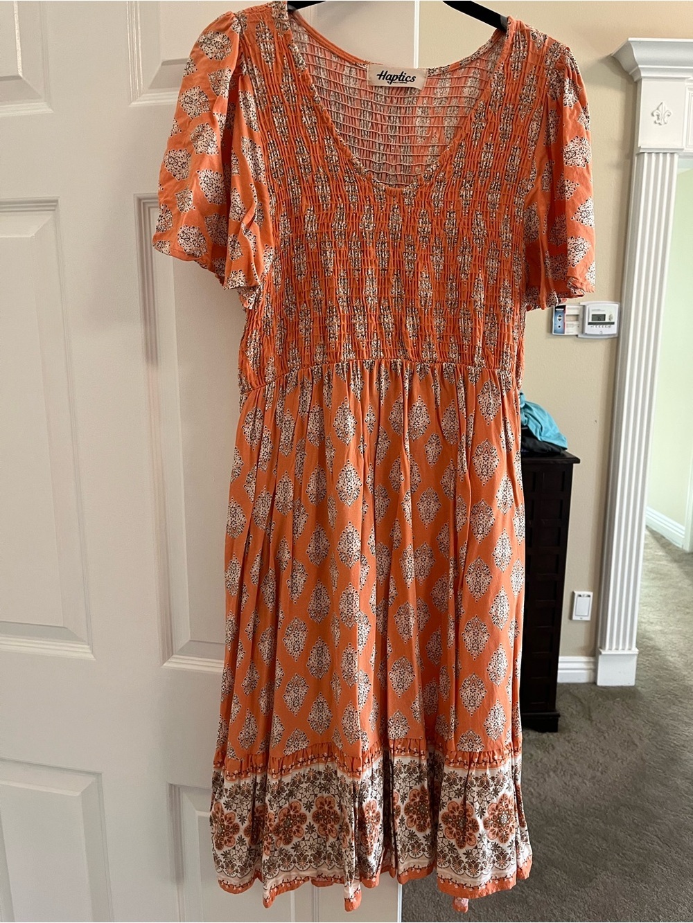 Haptics Orange Smocked Midi Dress with Border Print and pockets